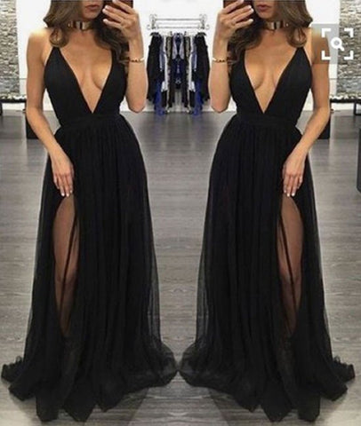 Sexy Backless V-neck Tulle Long Black Prom Dresses, Black Evening Dresses