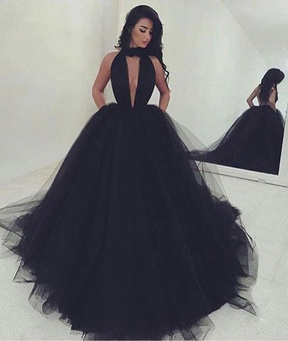 Sexy Fluffy Backless Black Tulle Prom Dresses Black Evening