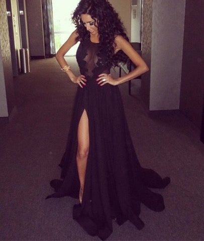 Sexy Round Neck Lace Black Prom Dresses, Black Lace Evening Dresses