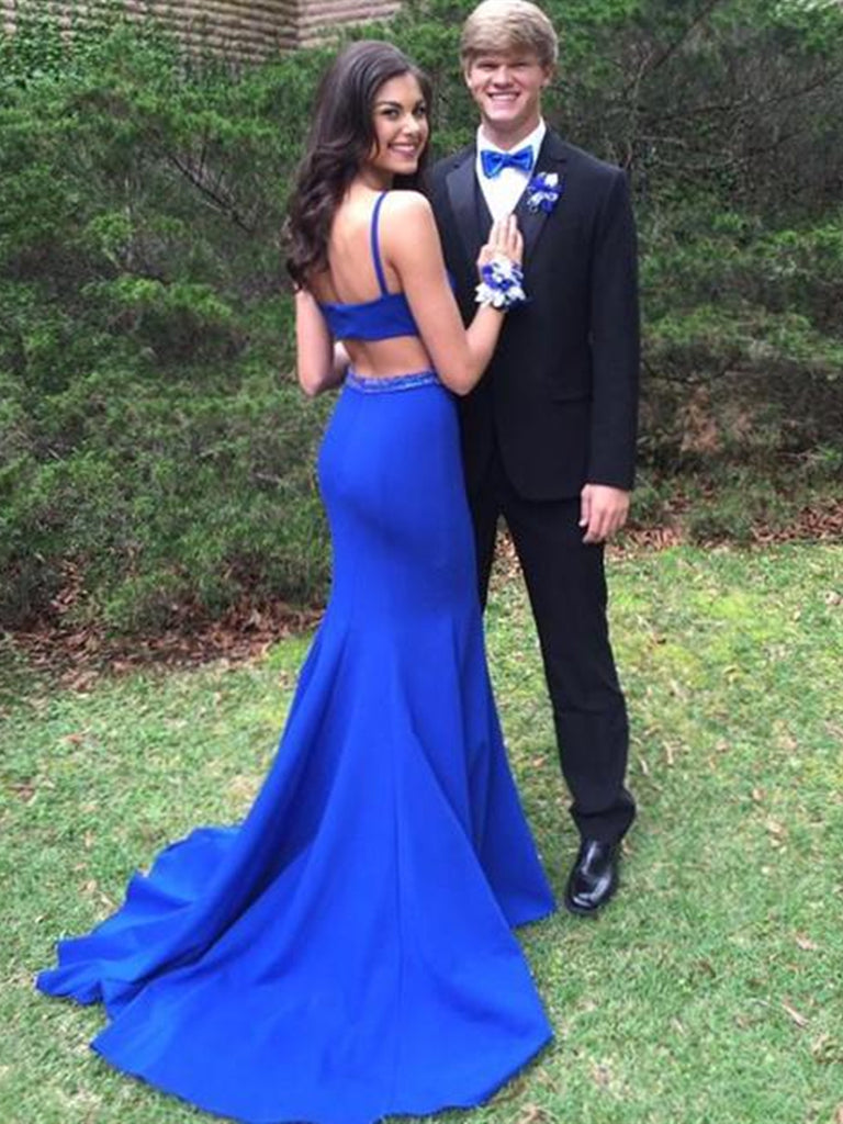 Sexy Royal Blue Mermaid Scoop Neck Long Prom Dresses with Sweep Train abcprom
