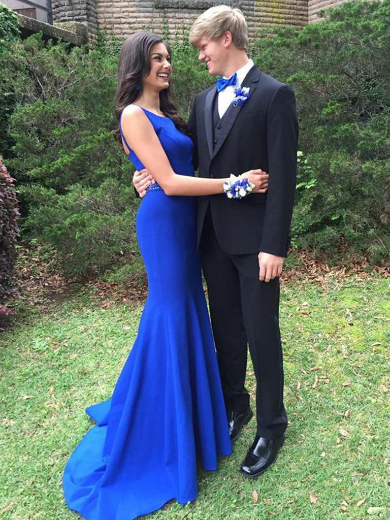 Sexy Royal Blue Mermaid Scoop Neck Long Prom Dresses with Sweep Train abcprom