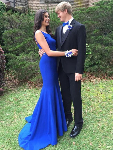 Sexy Royal Blue Mermaid Scoop Neck Long Prom Dresses with Sweep Train, Mermaid Royal Blue Formal Dresses, Royal Blue Evening Dresses
