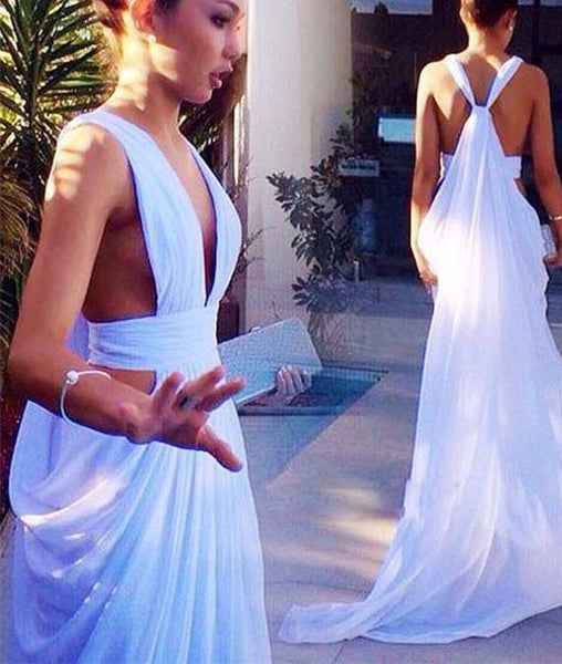 Sexy Unique Chiffon Long White Prom Dresses, White Evening Dresses