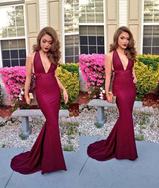 Sexy V-Neck Backless Burgundy Prom Dresses, Burgundy Evening Dresses, abcprom Sexy V-Neck Backless Burgundy Prom Dresses, Burgundy Evening Dresses, abcprom