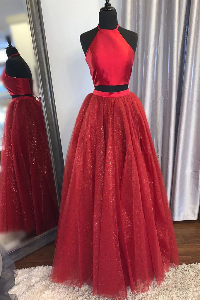 Shiny 2 Pieces Halter Neck Red Long Prom Dress, Two Pieces Red Formal Graduation Evening Dress