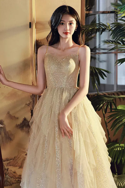 Shiny A Line Champagne Tulle Long Prom Dress, Layered Champagne Formal Graduation Evening Dress A1831