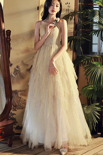 Shiny A Line Champagne Tulle Long Prom Dress, Layered Champagne Formal Graduation Evening Dress A1831