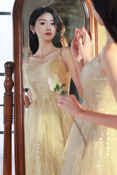 Shiny A Line Champagne Tulle Long Prom Dress, Layered Champagne Formal Graduation Evening Dress A1831