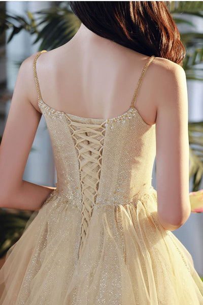 Shiny A Line Champagne Tulle Long Prom Dress, Layered Champagne Formal Graduation Evening Dress A1831