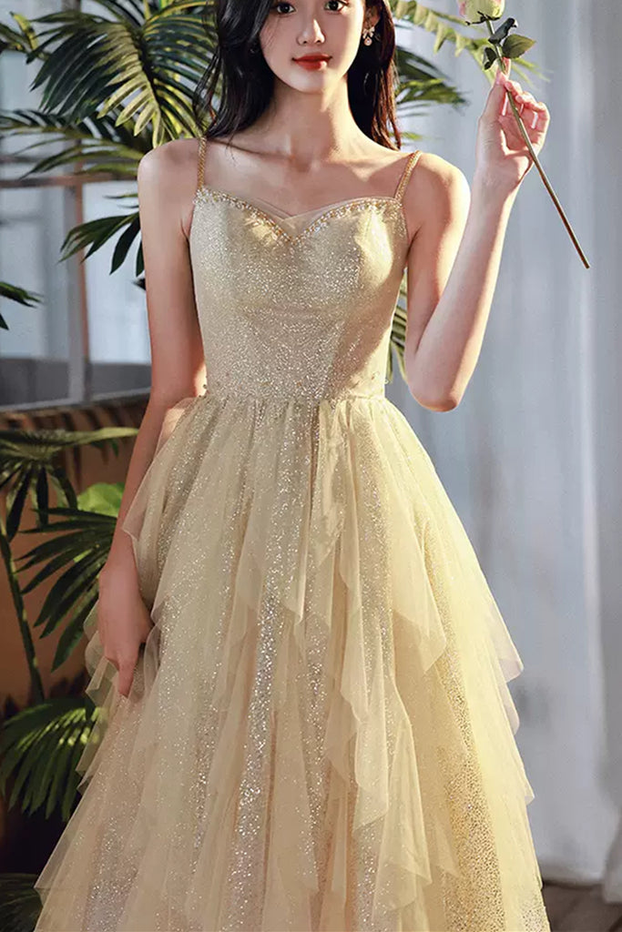 Shiny A Line Champagne Tulle Long Prom Dress, Layered Champagne Formal abcprom Shiny A Line Champagne Tulle Long Prom Dress, Layered Champagne Formal abcprom