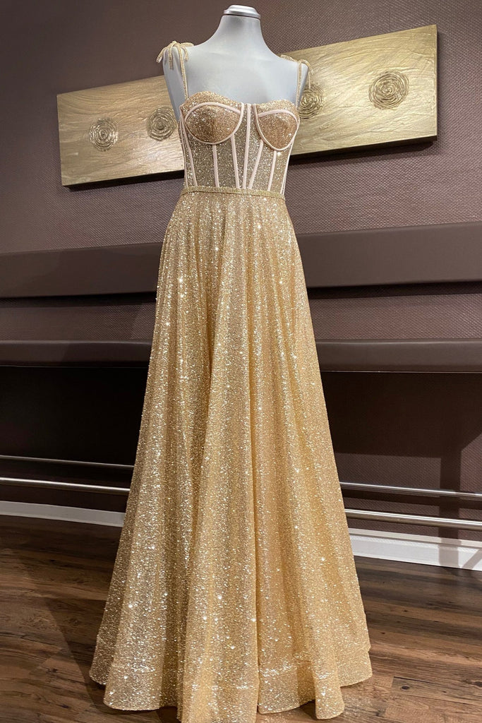 Shiny A Line Spaghetti Straps Gold Prom Dresses Long, Sweetheart Neck –  abcprom