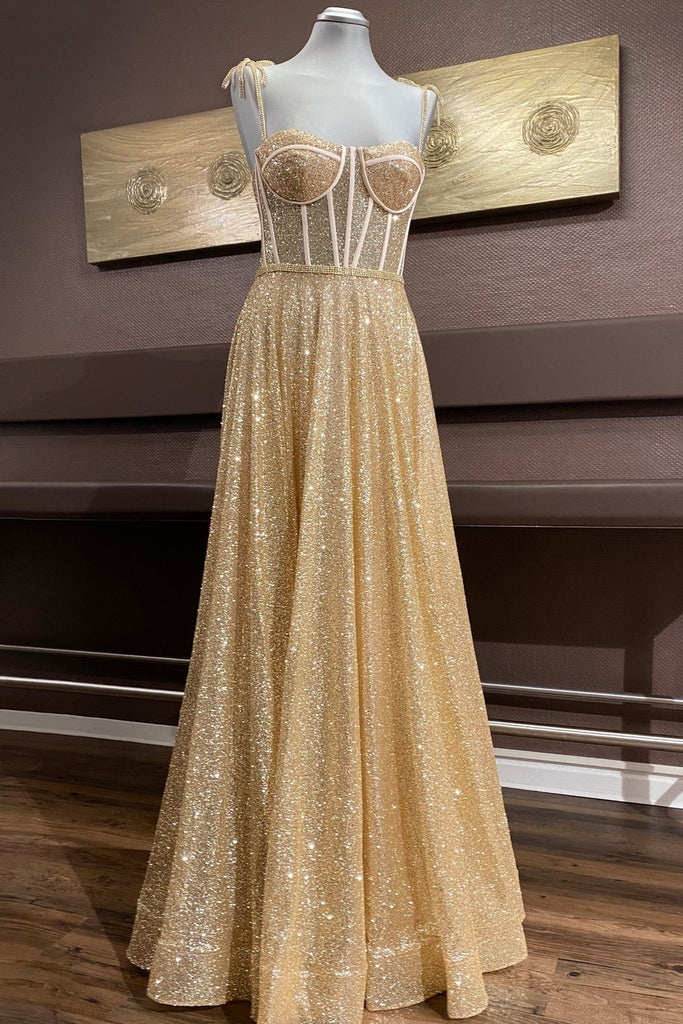 Shiny A Line Spaghetti Straps Gold Prom Dresses Long, Sweetheart Neck abcprom Shiny A Line Spaghetti Straps Gold Prom Dresses Long, Sweetheart Neck abcprom