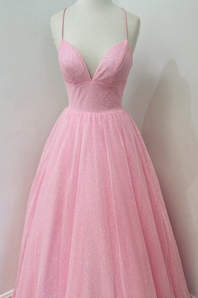 Shiny A Line V Neck Backless Pink Long Prom Dress, Open Back Pink Formal Evening Dress