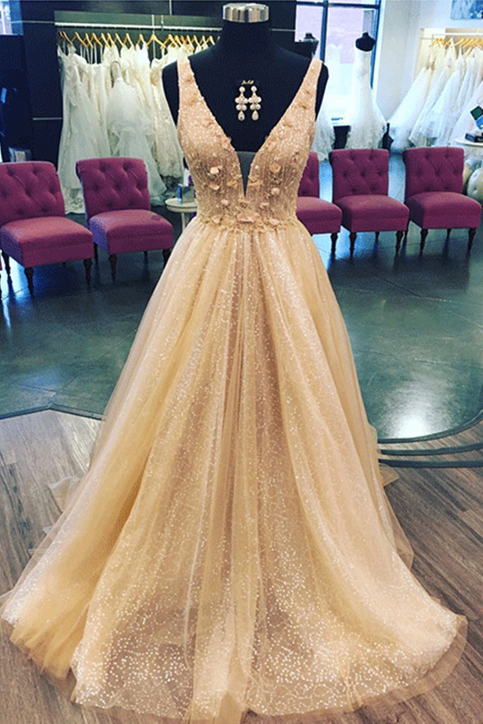 Shiny A Line V Neck Champagne Flowers Long Prom Dress, Champagne V Nec abcprom Shiny A Line V Neck Champagne Flowers Long Prom Dress, Champagne V Nec abcprom