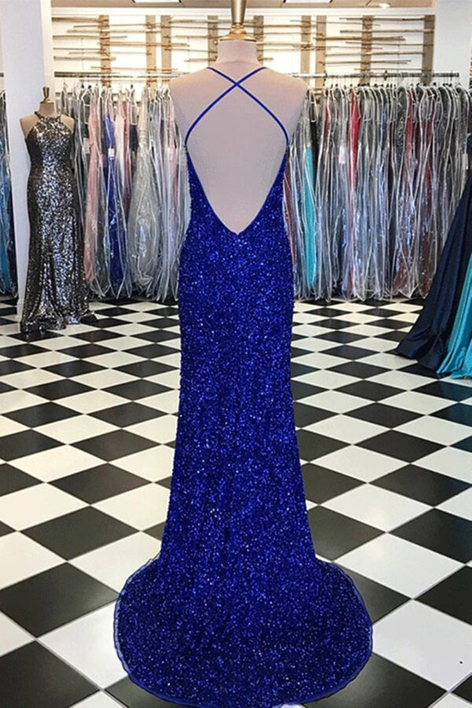 Shiny Blue Sequins Mermaid Backless Long Prom Dress with High Slit, Me abcprom Shiny Blue Sequins Mermaid Backless Long Prom Dress with High Slit, Me abcprom
