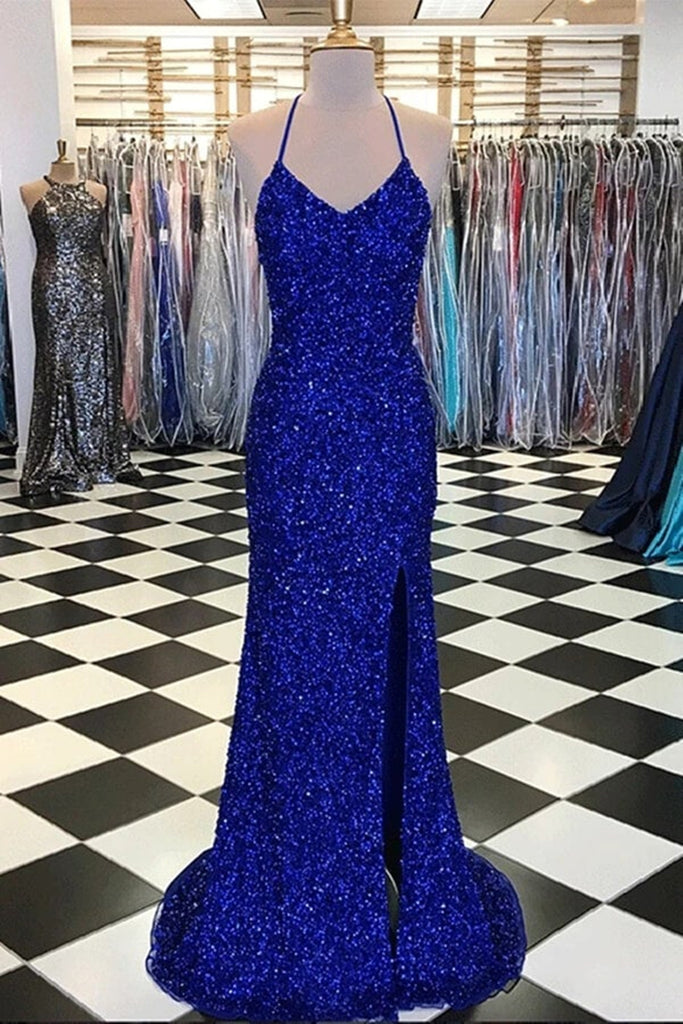 Shiny Blue Sequins Mermaid Backless Long Prom Dress with High Slit, Me abcprom Shiny Blue Sequins Mermaid Backless Long Prom Dress with High Slit, Me abcprom