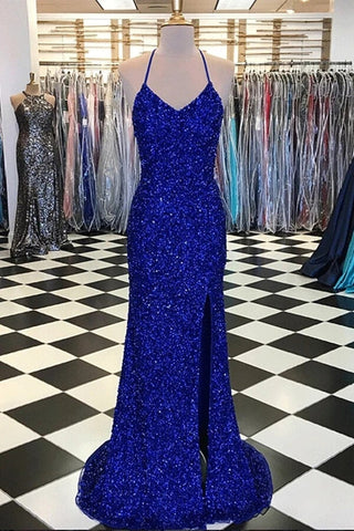 Shiny Blue Sequins Mermaid Backless Long Prom Dress with High Slit, Mermaid Blue Formal Dress, Blue Evening Dress A1423