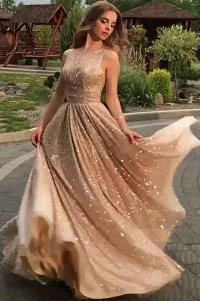 Shiny Champagne Gold Sequins Sleeveless Long Prom Dress, Sparkly Long Formal Evening Dress