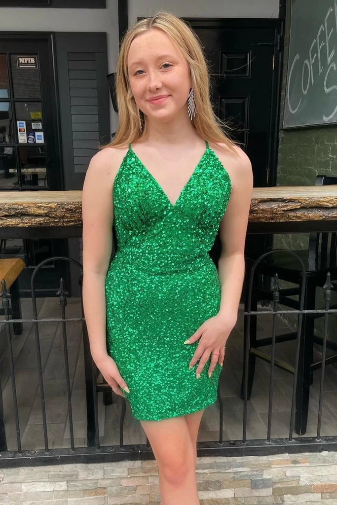 short green sequin dress Shiny Green Sequins V Neck Backless Mermaid Prom Homecoming Dress, Sho – abcprom