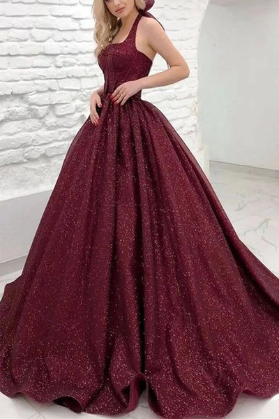 Shiny Halter Open Back Burgundy Prom Dresses Long, Open Back Maroon Formal Evening Dresses, Burgundy Ball Gown A1870