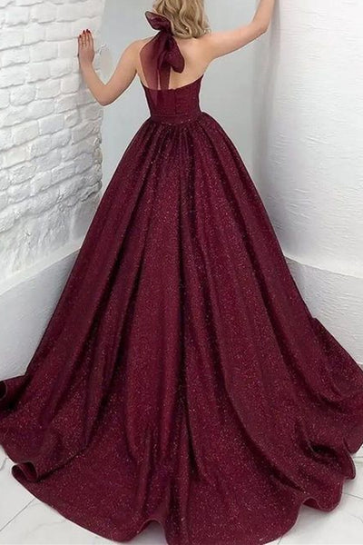 Shiny Halter Open Back Burgundy Prom Dresses Long, Open Back Maroon Formal Evening Dresses, Burgundy Ball Gown A1870