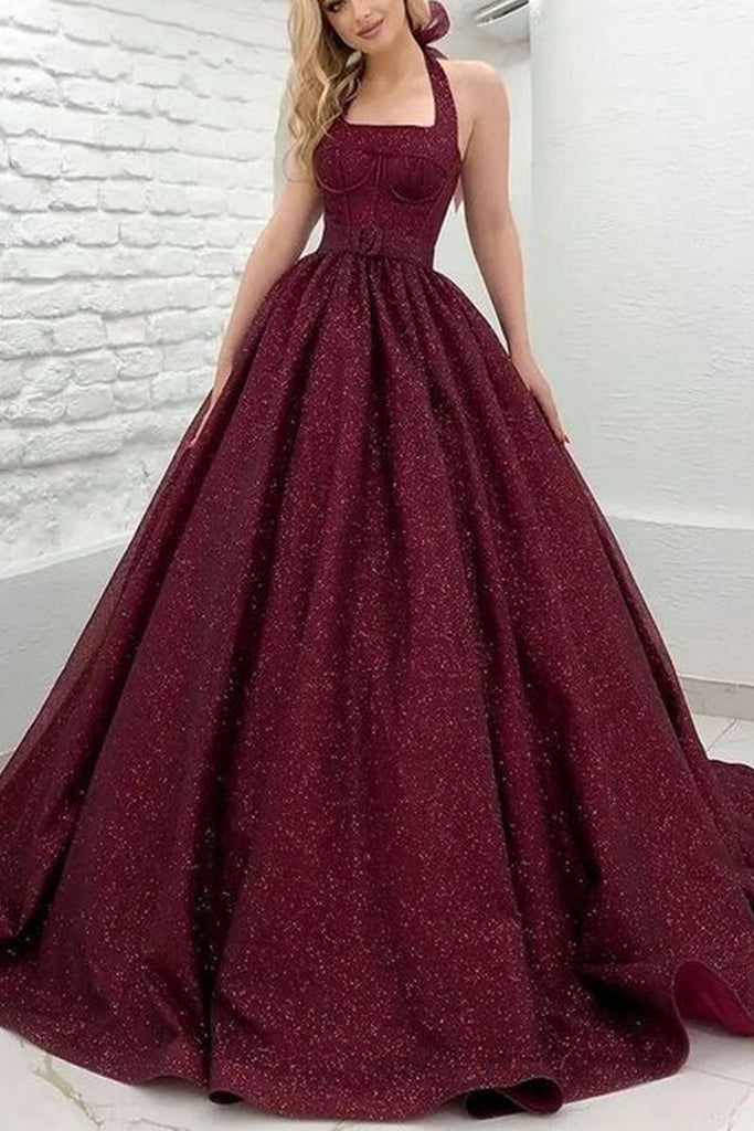 Shiny Halter Open Back Burgundy Prom Dresses Long, Open Back Maroon Fo abcprom Shiny Halter Open Back Burgundy Prom Dresses Long, Open Back Maroon Fo abcprom