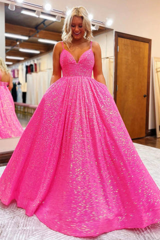 Shiny Hot Pink Sequins V Neck Backless Long Prom Dress, Backless Hot Pink Formal Graduation Evening Dress A1425