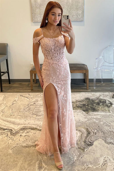 Shiny Off Shoulder Pink Lace Long Prom Dress with High Slit, Pink Lace Formal Dress, Pink Evening Dress A1832