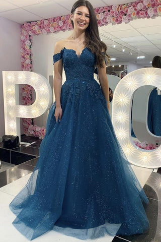 Shiny Off the Shoulder Blue Lace Long Prom Dress, Off Shoulder Blue Lace Formal Dress, Blue Lace Evening Dress