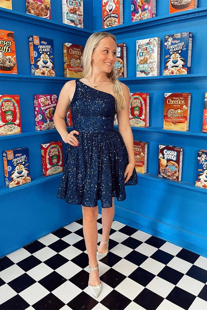 Shiny One Shoulder Navy Blue Short Prom Homecoming Dresses, Short Navy abcprom Shiny One Shoulder Navy Blue Short Prom Homecoming Dresses, Short Navy abcprom