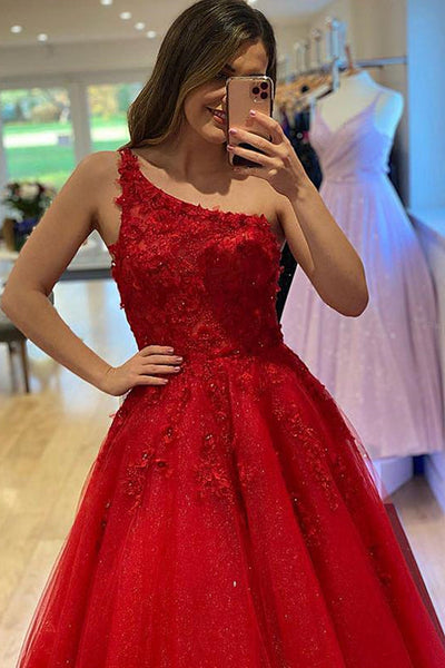 Shiny One Shoulder Red Lace Floral Long Prom Dress, Red Lace Formal Evening Dress with Appliques A1424