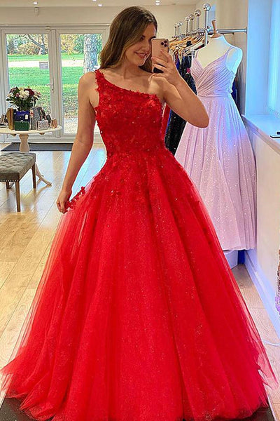 Shiny One Shoulder Red Lace Floral Long Prom Dress, Red Lace Formal Evening Dress with Appliques A1424