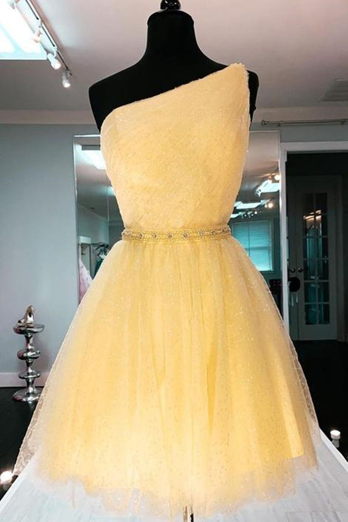 yellow short prom dresses Shiny One Shoulder Yellow Short Prom Homecoming Dress with Belt, Short – abcprom