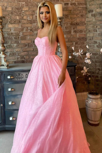 Shiny Pink Tulle Long Prom Dress, Spaghetti Straps Pink Formal Dress, Sparkly Pink Evening Dress A1587