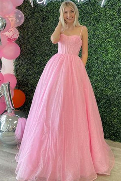 Shiny Pink Tulle Long Prom Dress, Spaghetti Straps Pink Formal Dress, Sparkly Pink Evening Dress A1587