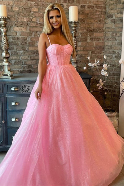 Shiny Pink Tulle Long Prom Dress, Spaghetti Straps Pink Formal Dress, Sparkly Pink Evening Dress A1587