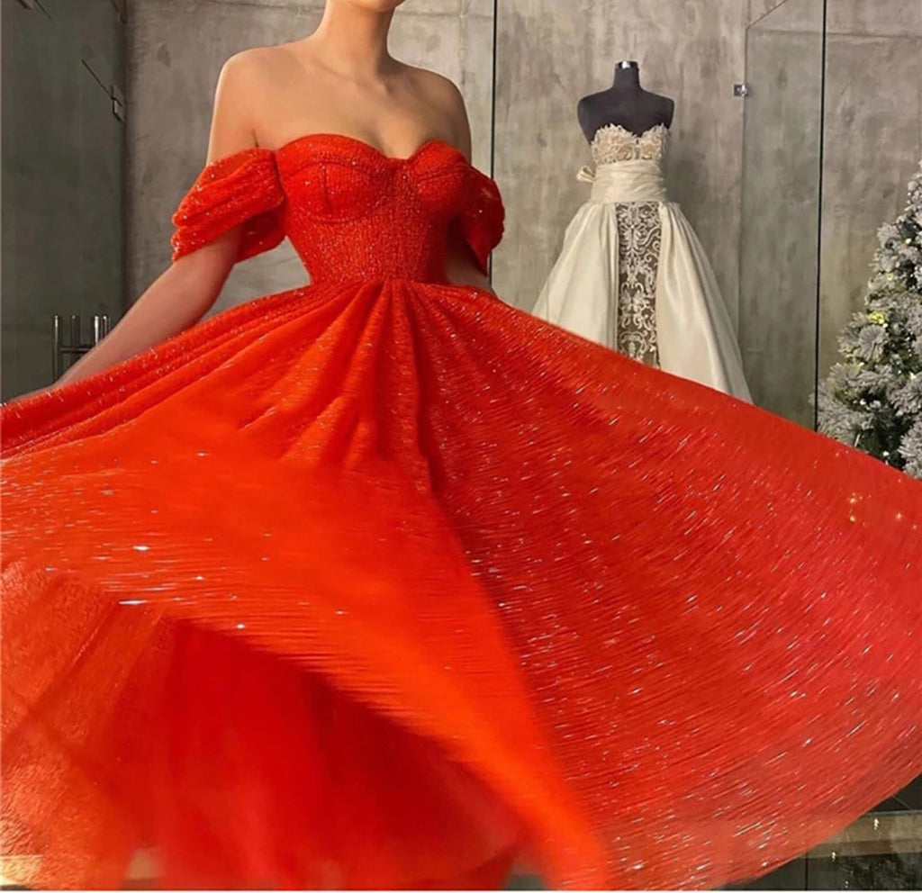 Shiny Red Tulle Off the Shoulder Tea Length Prom Dress, Off Shoulder R – abcprom