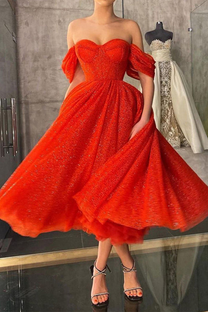 Shiny Red Tulle Off the Shoulder Tea Length Prom Dress, Off Shoulder R abcprom Shiny Red Tulle Off the Shoulder Tea Length Prom Dress, Off Shoulder R abcprom