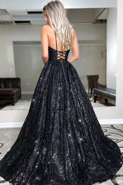 Shiny Sequins A Line V Neck Open Back Black Long Prom Dress, Sparkly Black Lace Sequins Formal Evening Dress