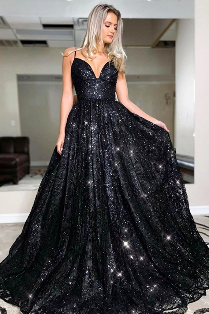 Shiny Sequins A Line V Neck Open Back Black Long Prom Dress, Sparkly B –  abcprom