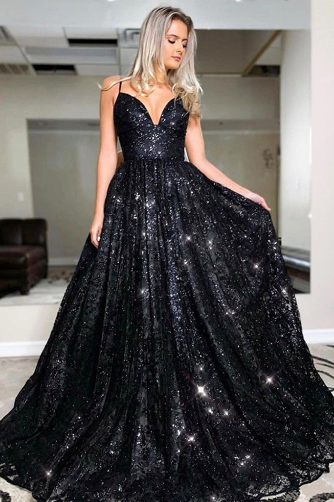 Shiny Sequins A Line V Neck Open Back Black Long Prom Dress