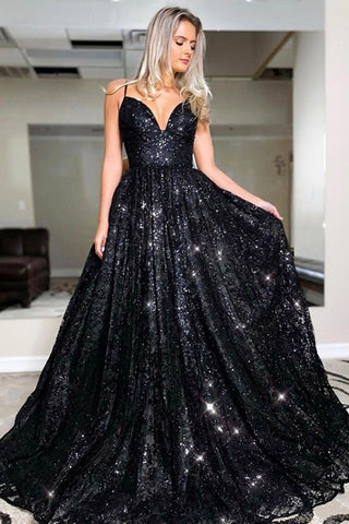 Shiny Sequins A Line V Neck Open Back Black Long Prom Dress, Sparkly Black Lace Sequins Formal Evening Dress