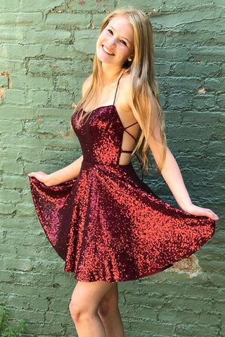 Shiny Sequins Backless Burgundy Short Prom Dress, Backless Burgundy Homecoming Dress, Short Burgundy Formal Evening Dress