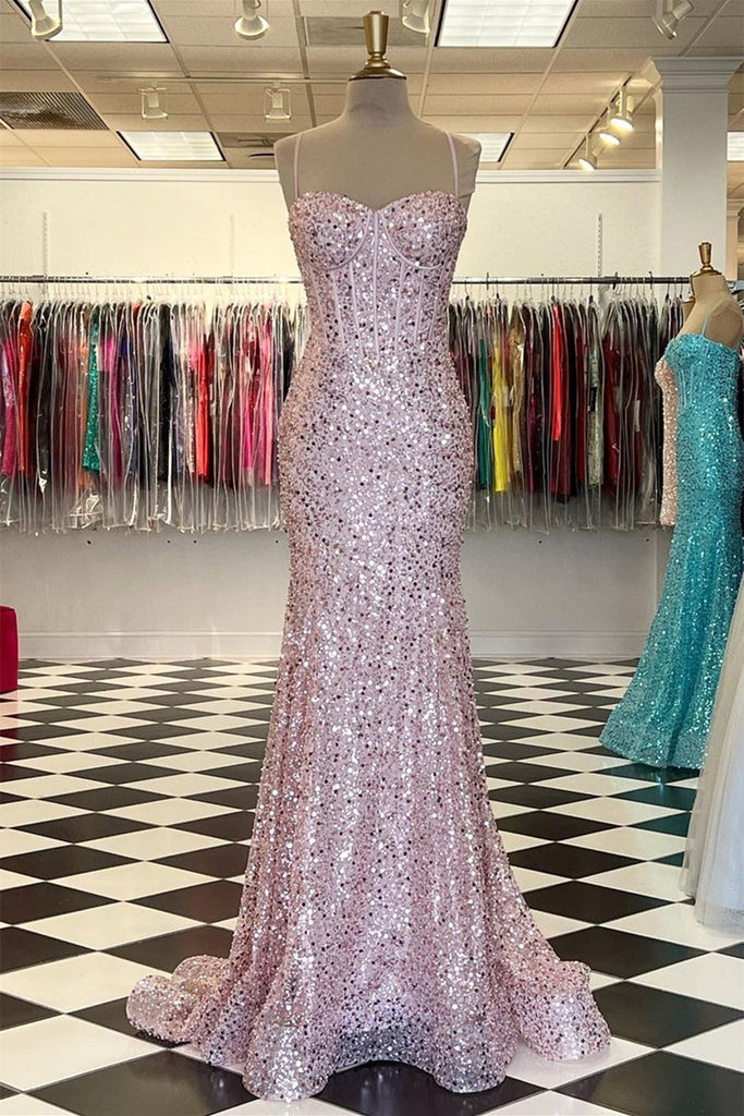 pink prom dress with sequins Shiny Sequins Mermaid Pink Long Prom Dress, Sweetheart Neck Pink Forma – abcprom
