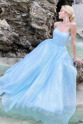 Shiny Sequins Open Back Light Blue Long Prom Dress, Backless Light Blue Formal Evening Dress