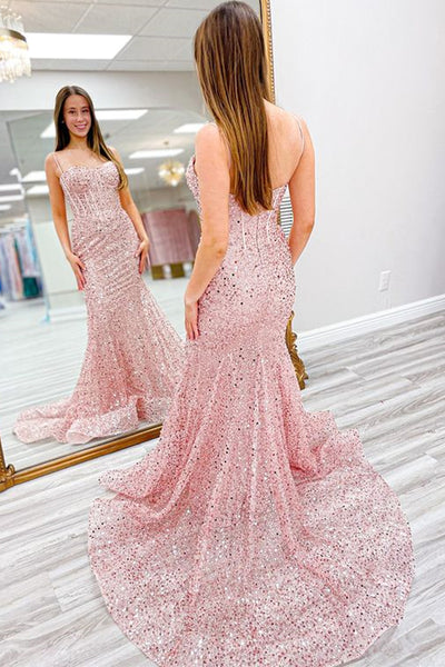 Shiny Sequins Sweetheart Neck Mermaid Pink Long Prom Dress, Mermaid Pink Formal Evening Dress A1777