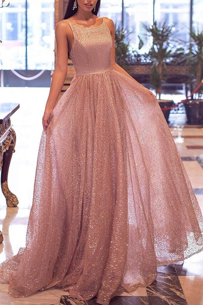 Shiny Sequins Tulle Backless Pink Long Prom Dress, Backless Pink Formal Dress, Sparkly Pink Evening Dress A1387