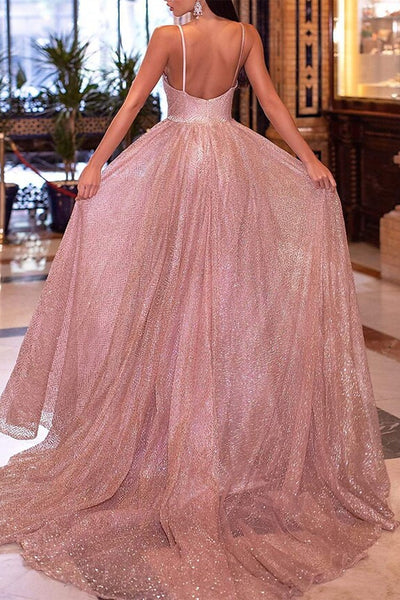 Shiny Sequins Tulle Backless Pink Long Prom Dress, Backless Pink Formal Dress, Sparkly Pink Evening Dress A1387