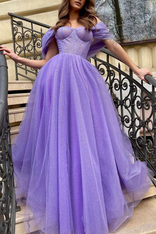 Shiny Sequins Tulle Off Shoulder Purple Long Prom Dress with High Slit, Off the Shoulder Purple Formal Dress, Purple Evening Dress A1418