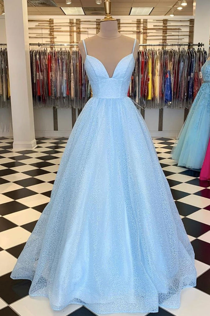 light blue prom dress sparkly Shiny Sequins V Neck Blue Long Prom Dress, Sparkly Blue Formal Graduat – abcprom